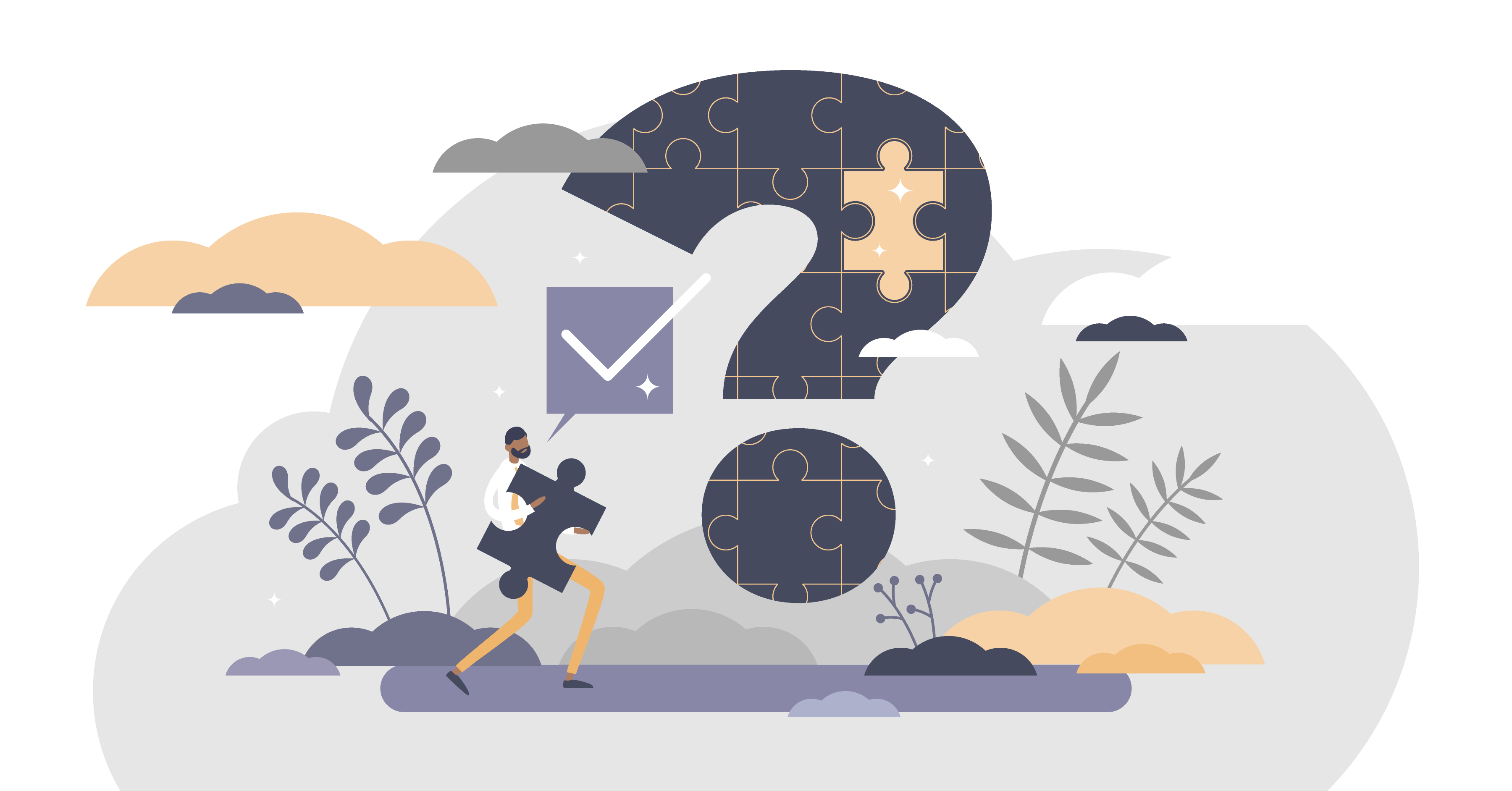 Man putting the missing piece into a question mark puzzle