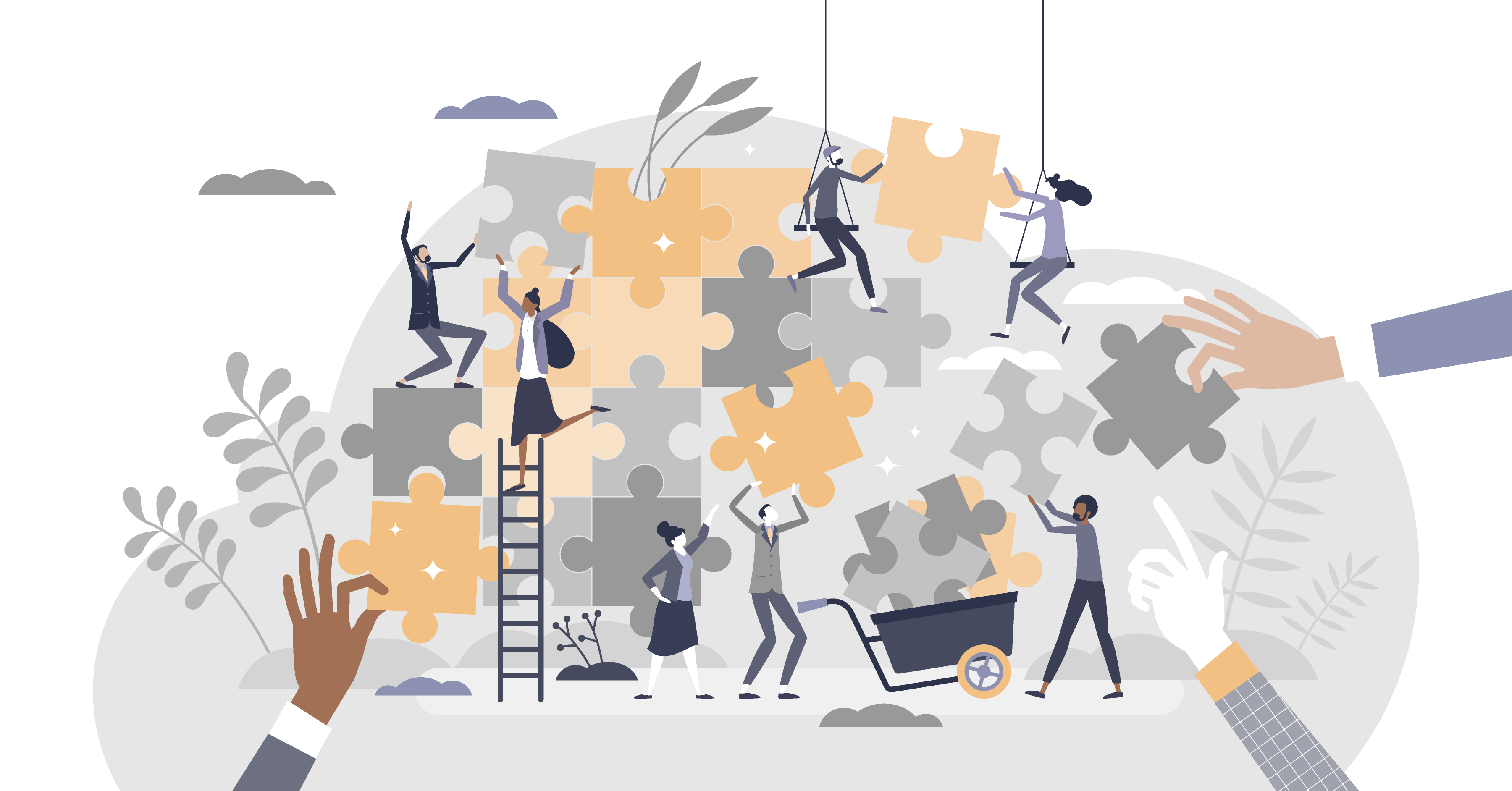 People working together to arrange puzzle pieces