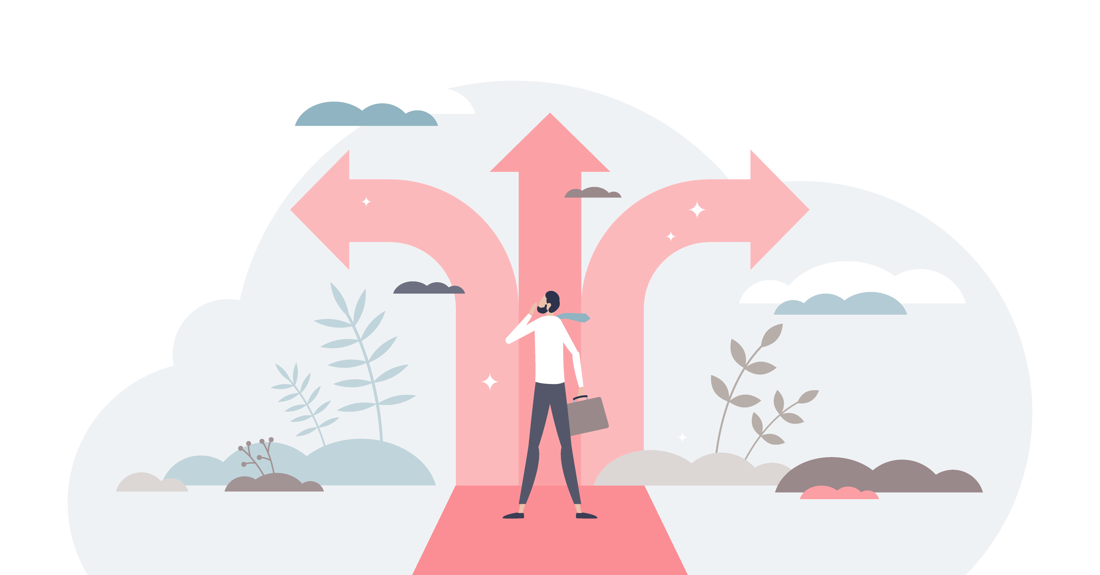 Man looking up at arrows heading off in opposite directions