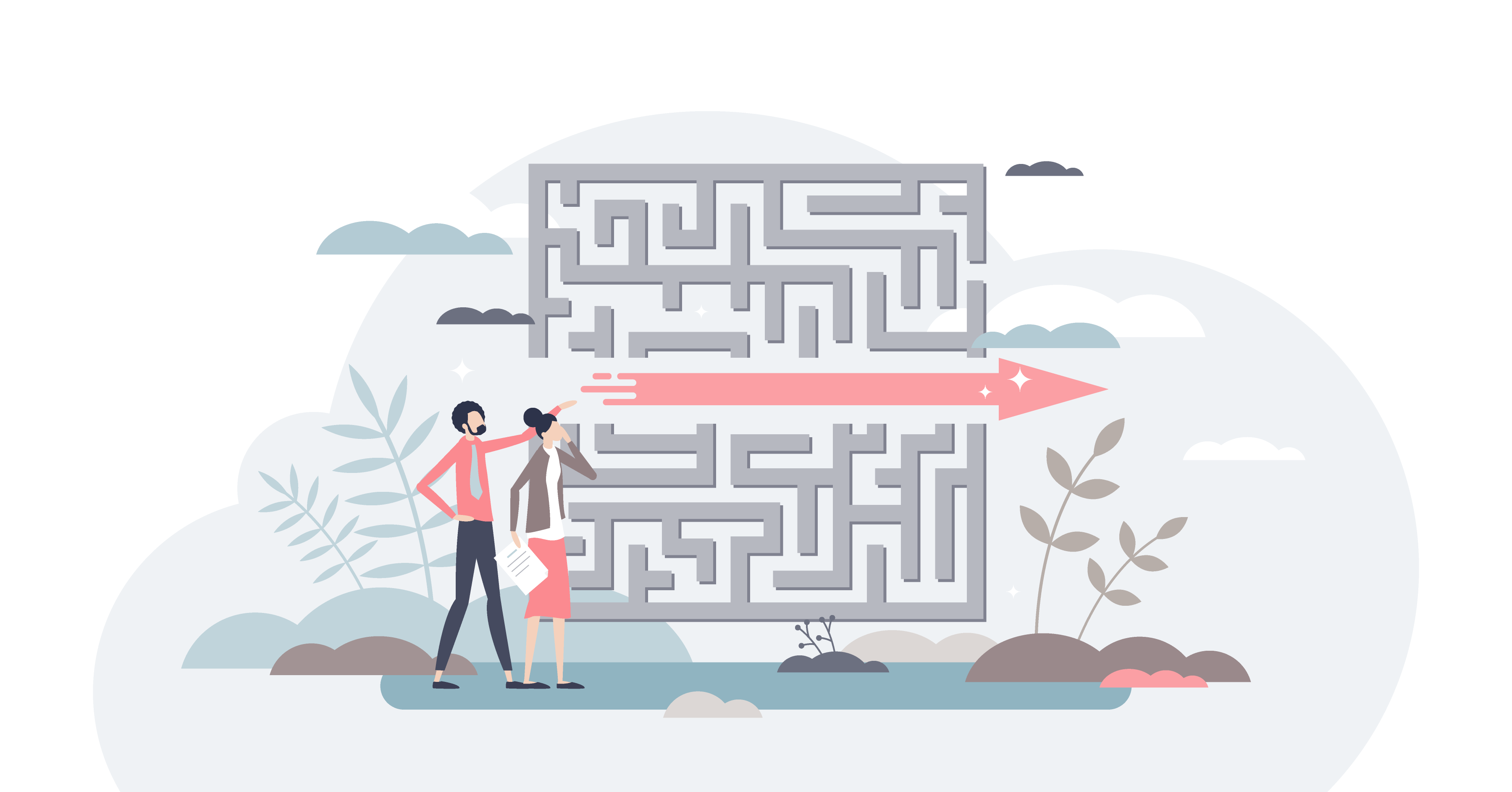 Two people trying to work out the most effective way through a maze.