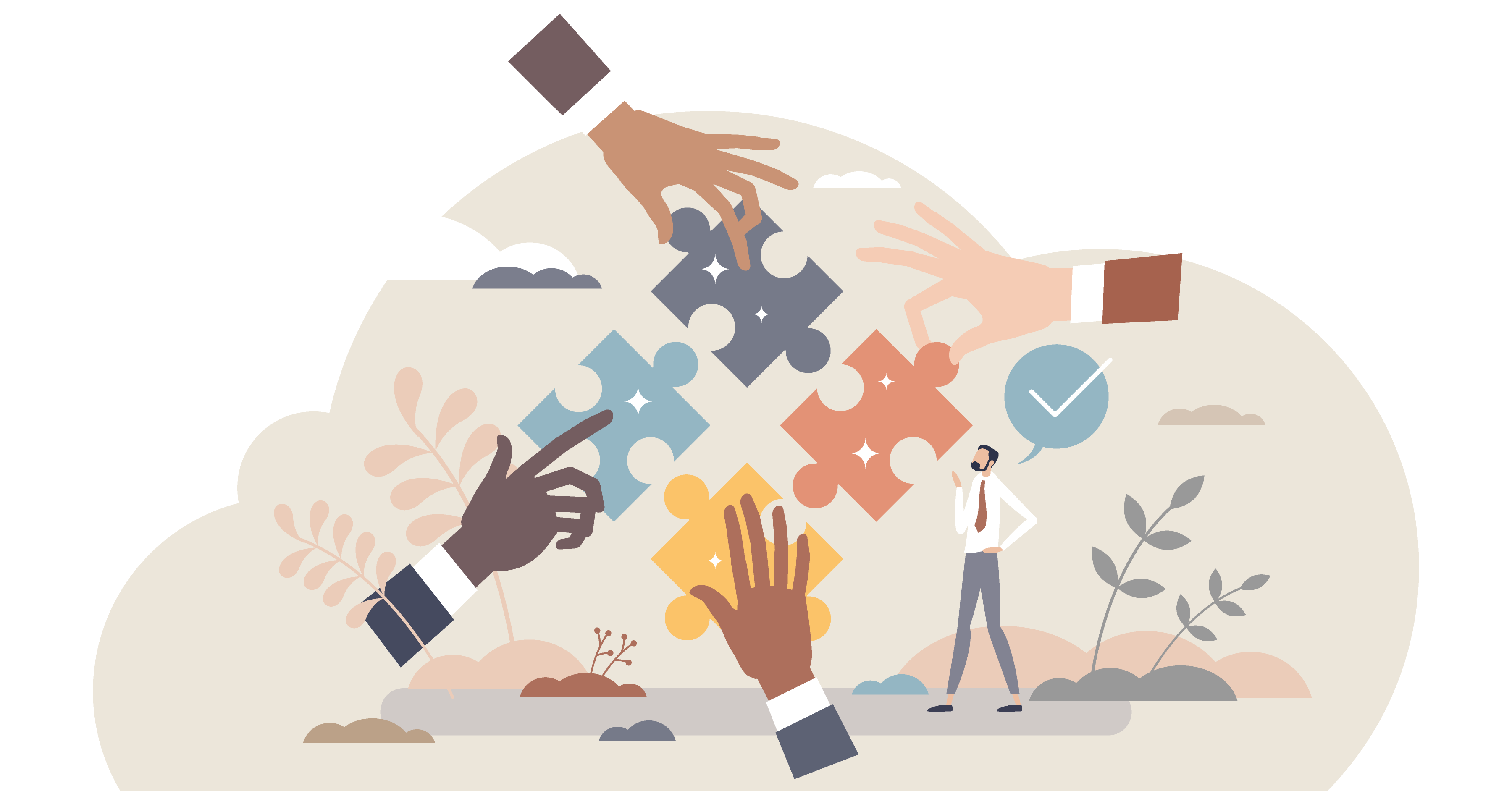 Four hands fitting puzzle pieces together as a figure watches on