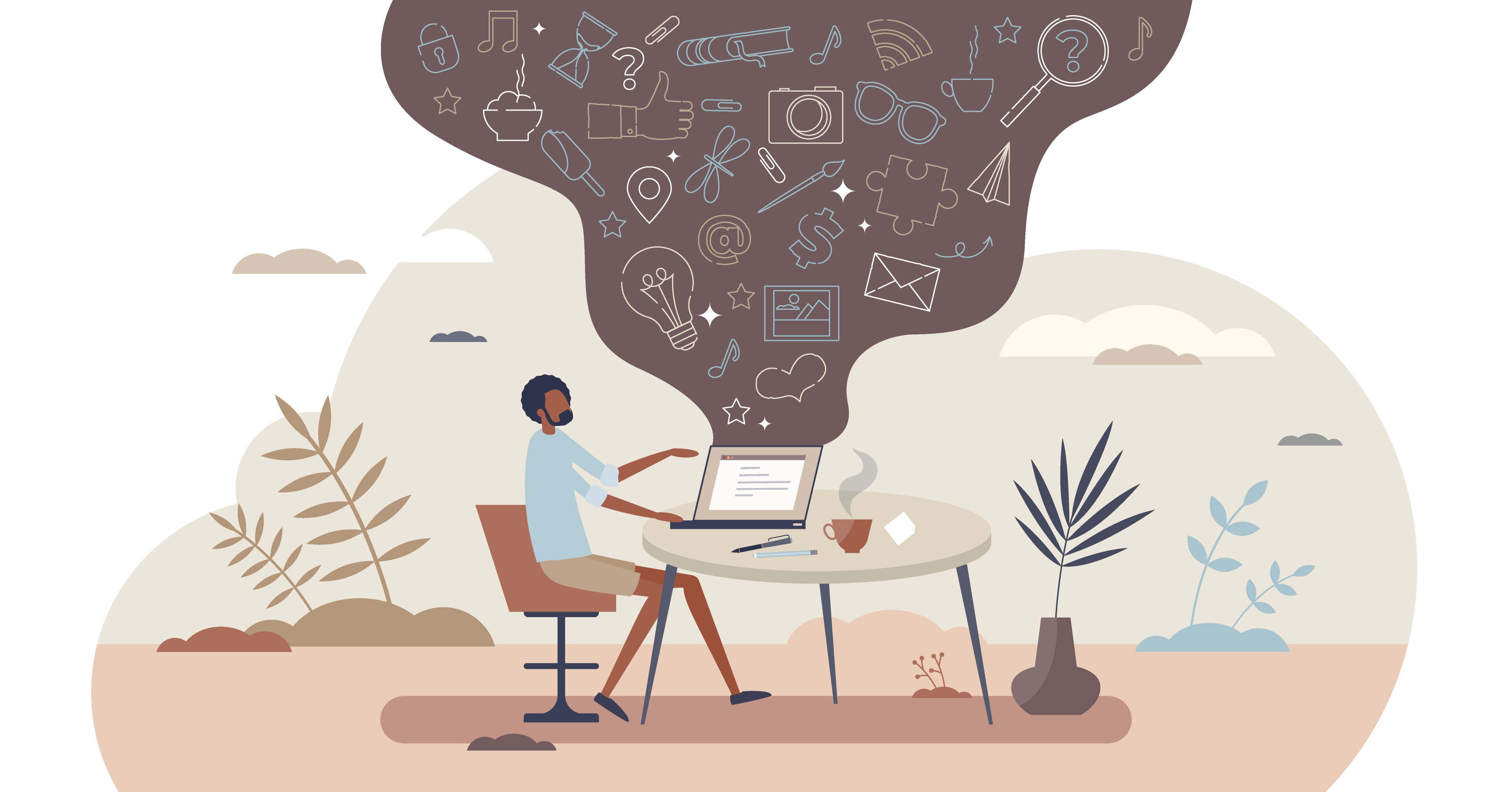 Man sitting at a laptop computer with a lot of ideas coming out of it