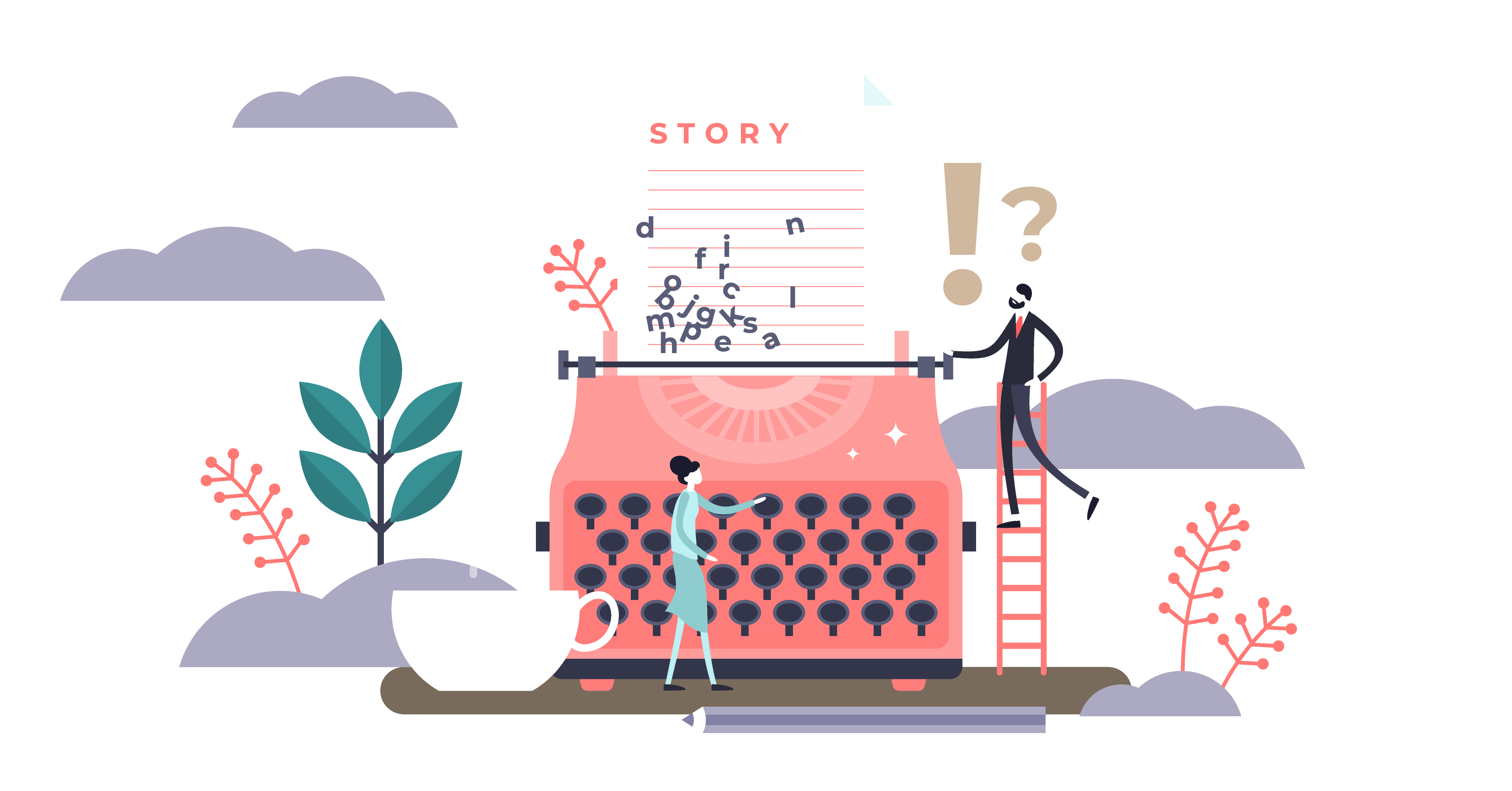 People at a typewriter with a cup of coffee; story is written on the paper