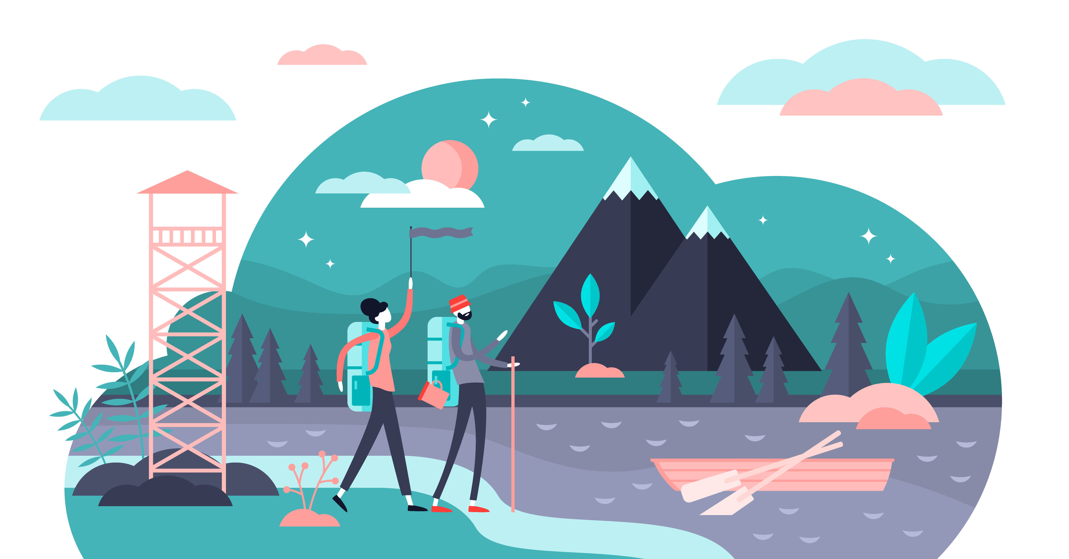 People out hiking looking at the mountains and the river with a boat