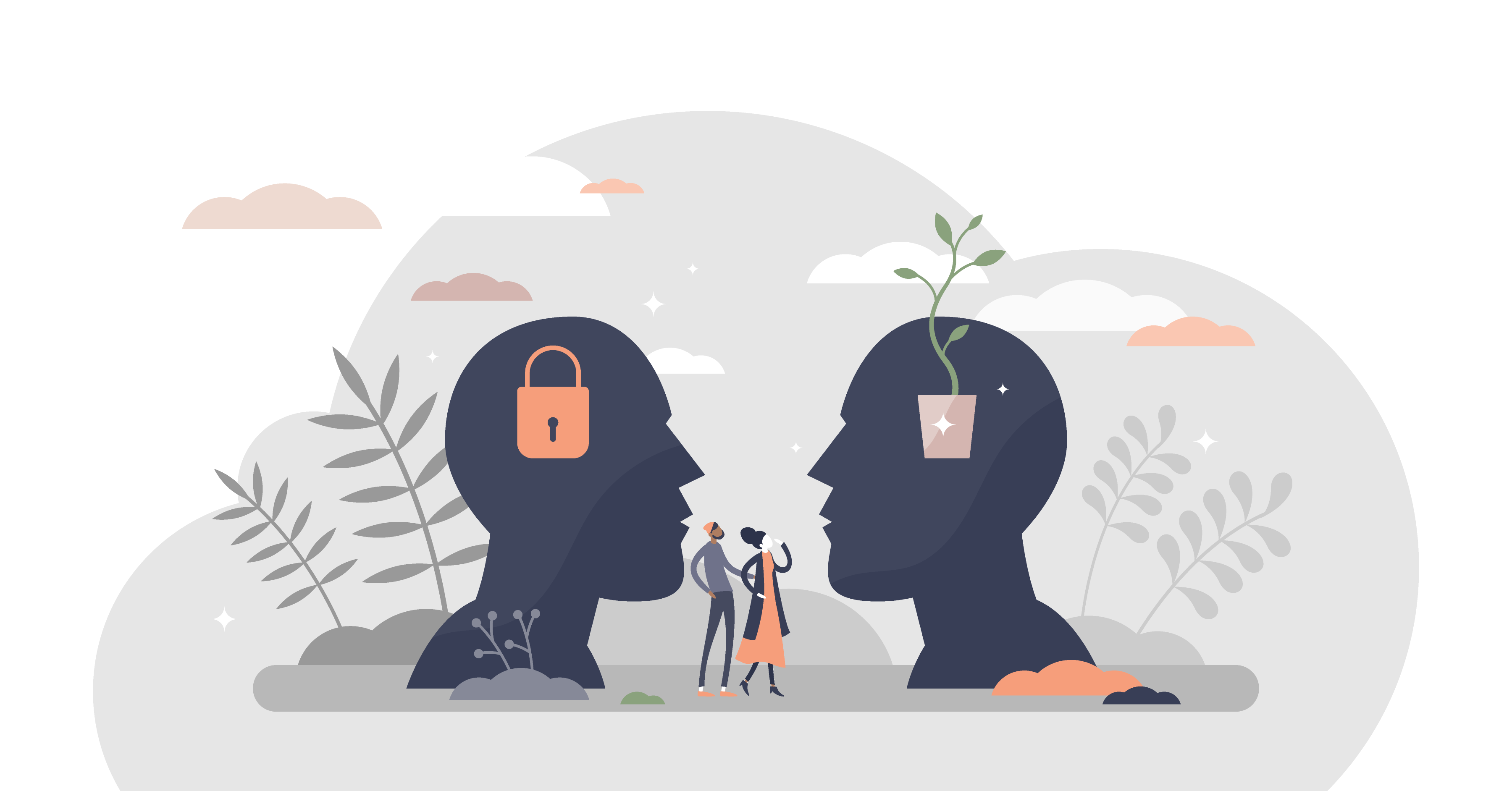 A head with a lock and another with a plant with two people looking up at the plant