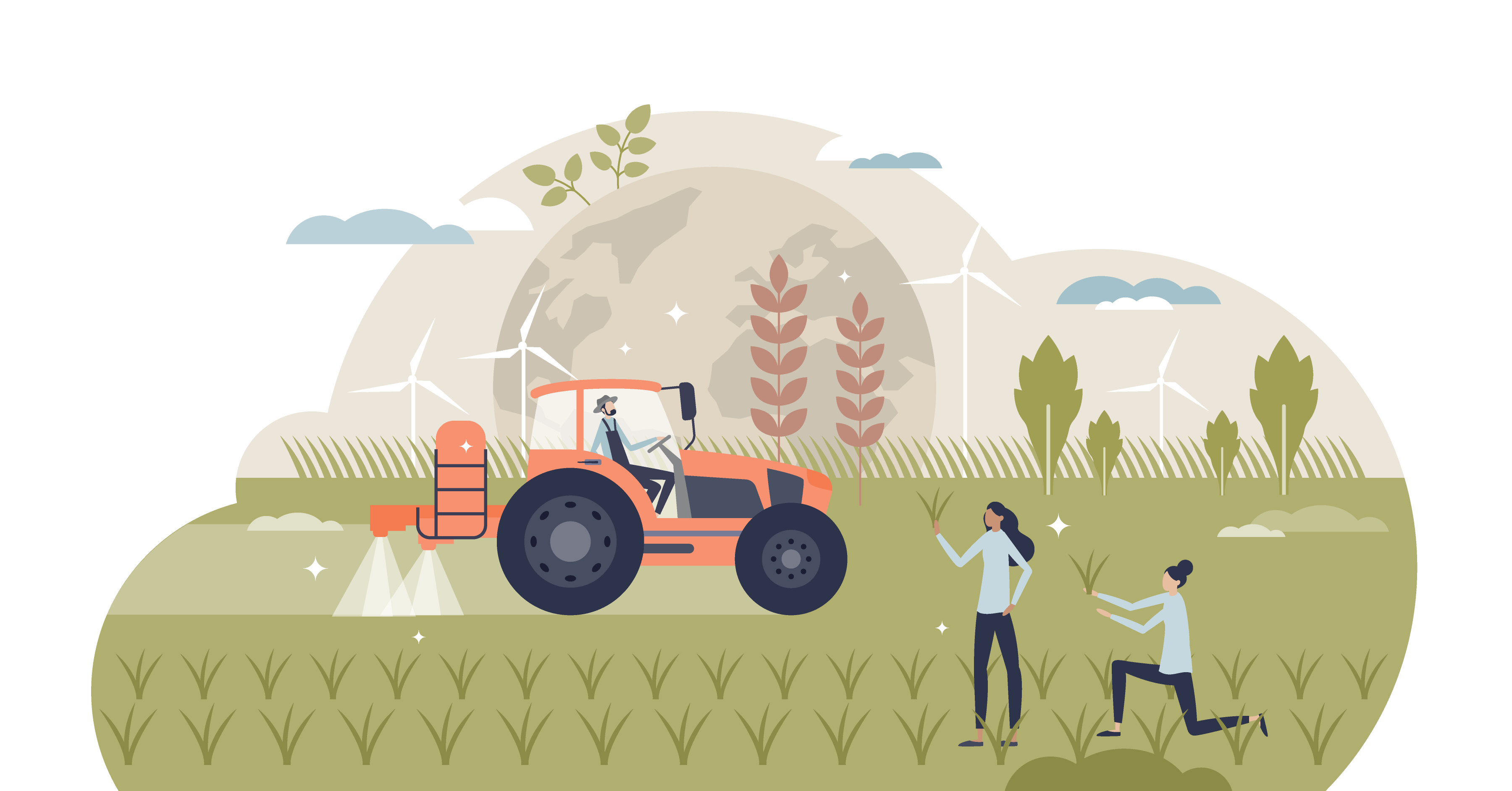 Farmer in a tractor spraying and people looking at the plants