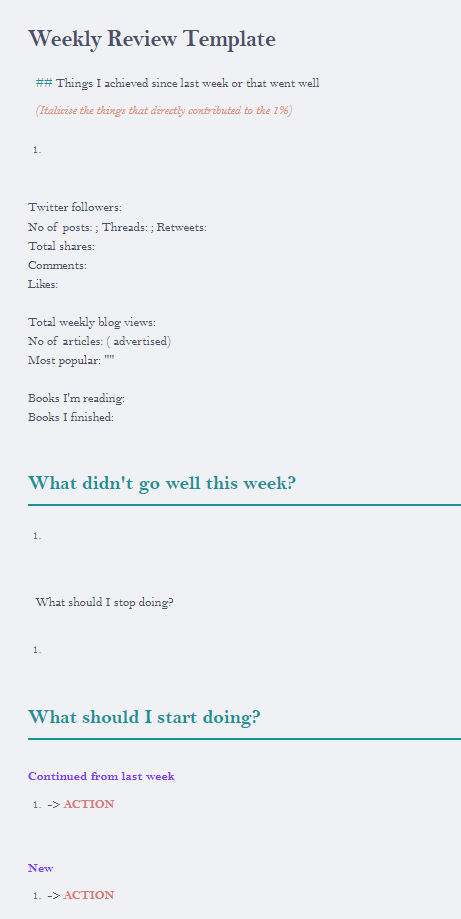 Weekly review template in Obsidian with headings and prompts