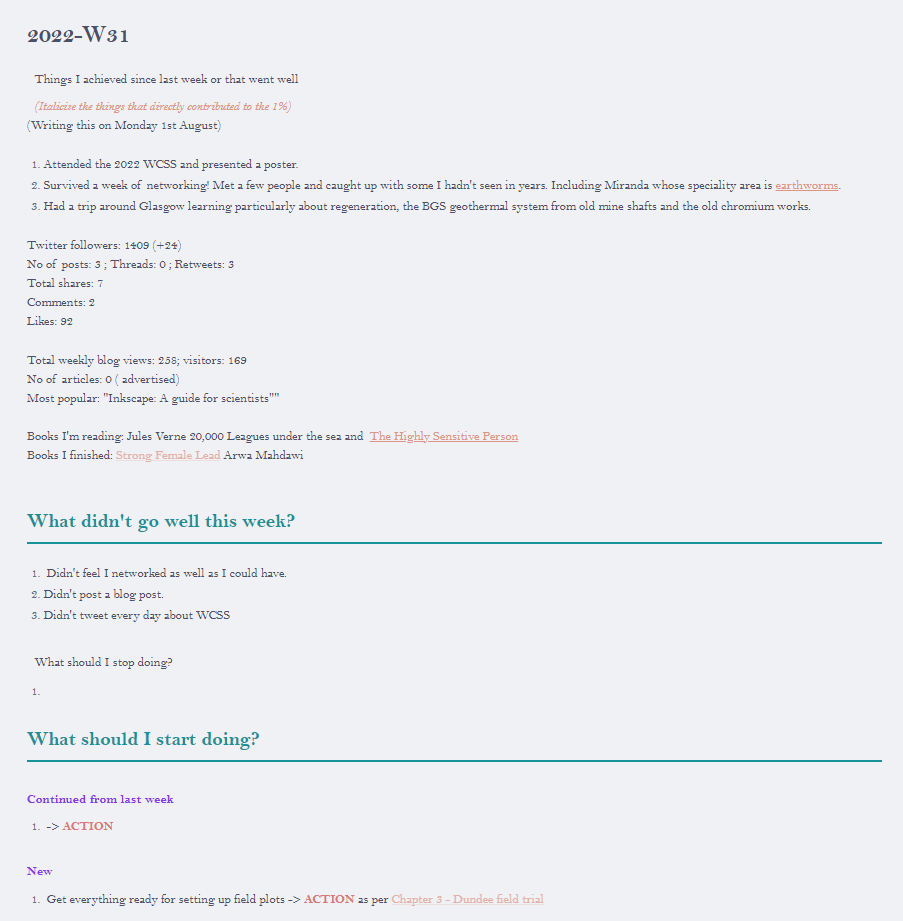 Filled in weekly review template in Obsidian