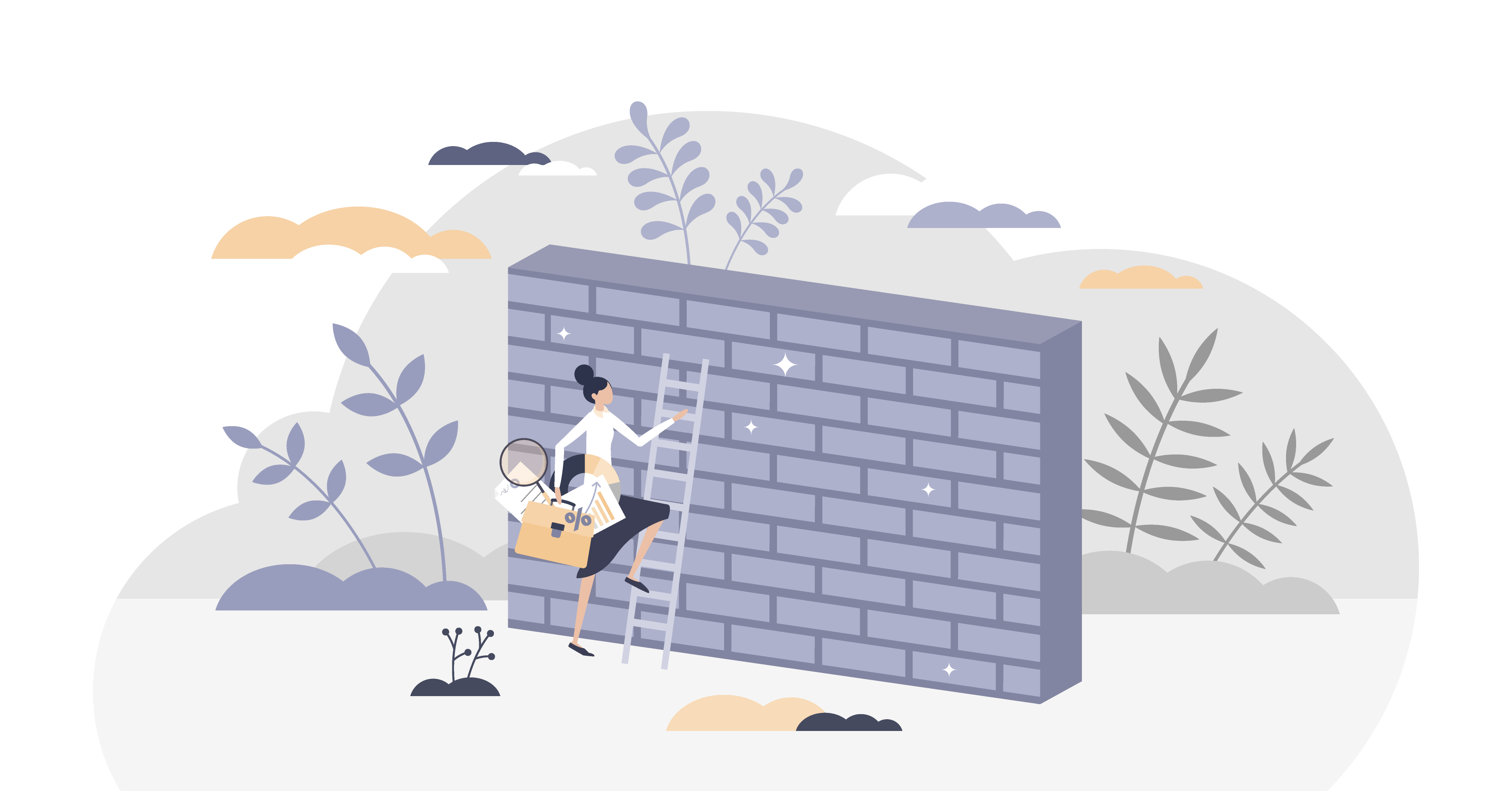 Woman attempting to climb a way with a series of tools