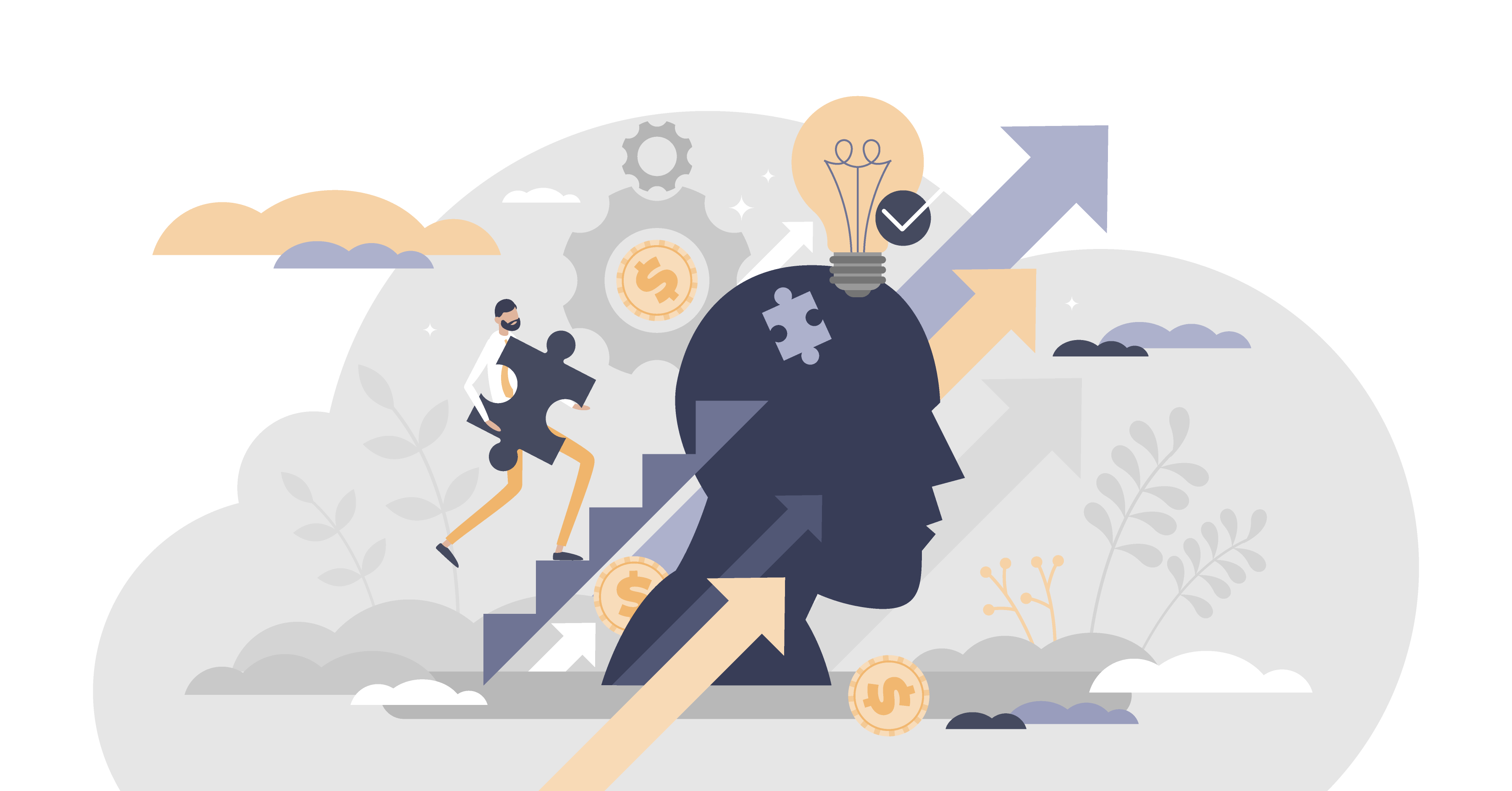 Man with a puzzle piece climbing up a ladder with a head and arrows