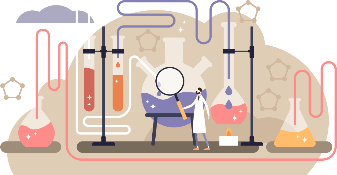 Scientist with a magnifying glass looking at a chemistry experiment.