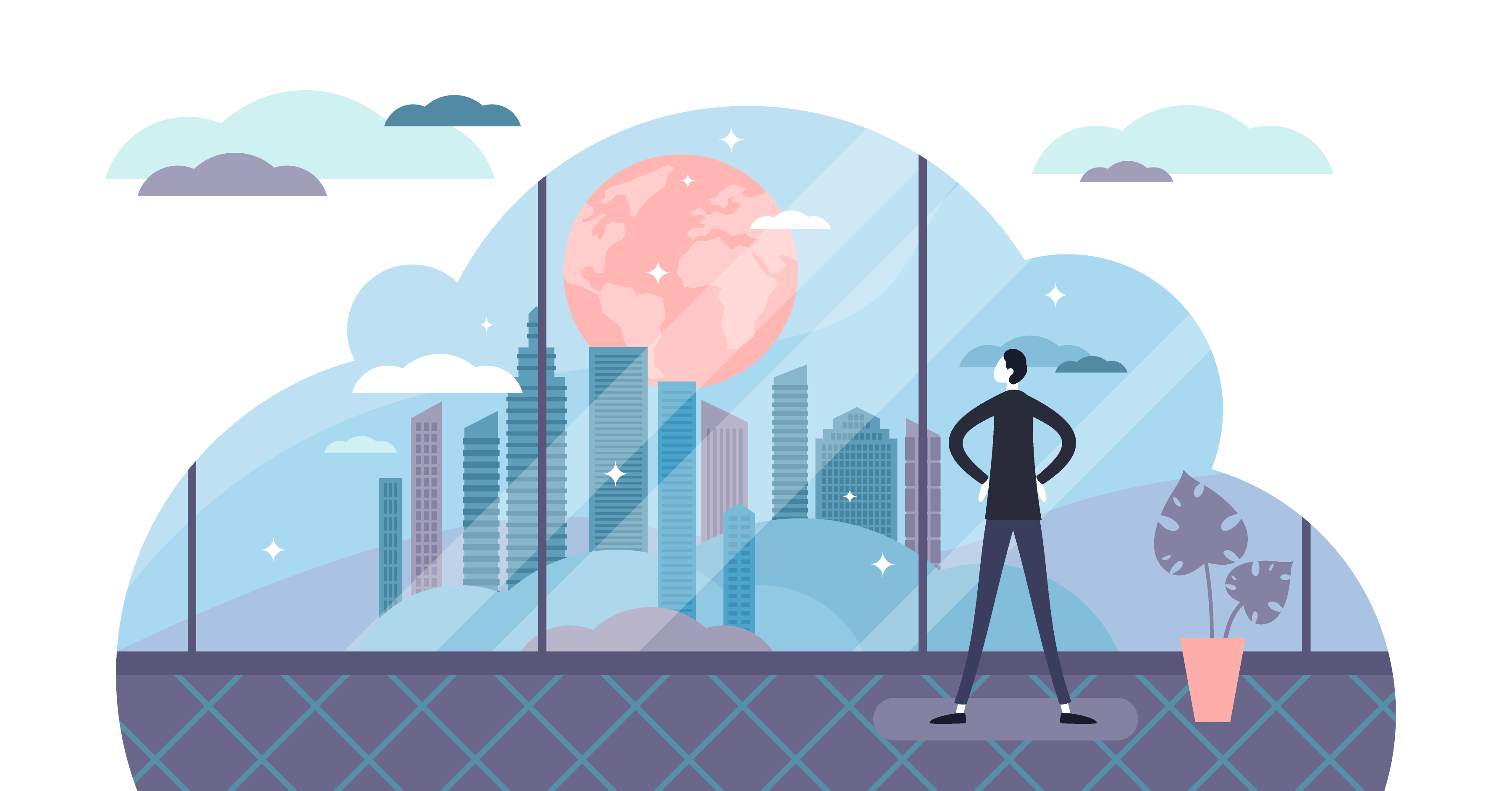 Man looking out the window at the city with the earth in the background.