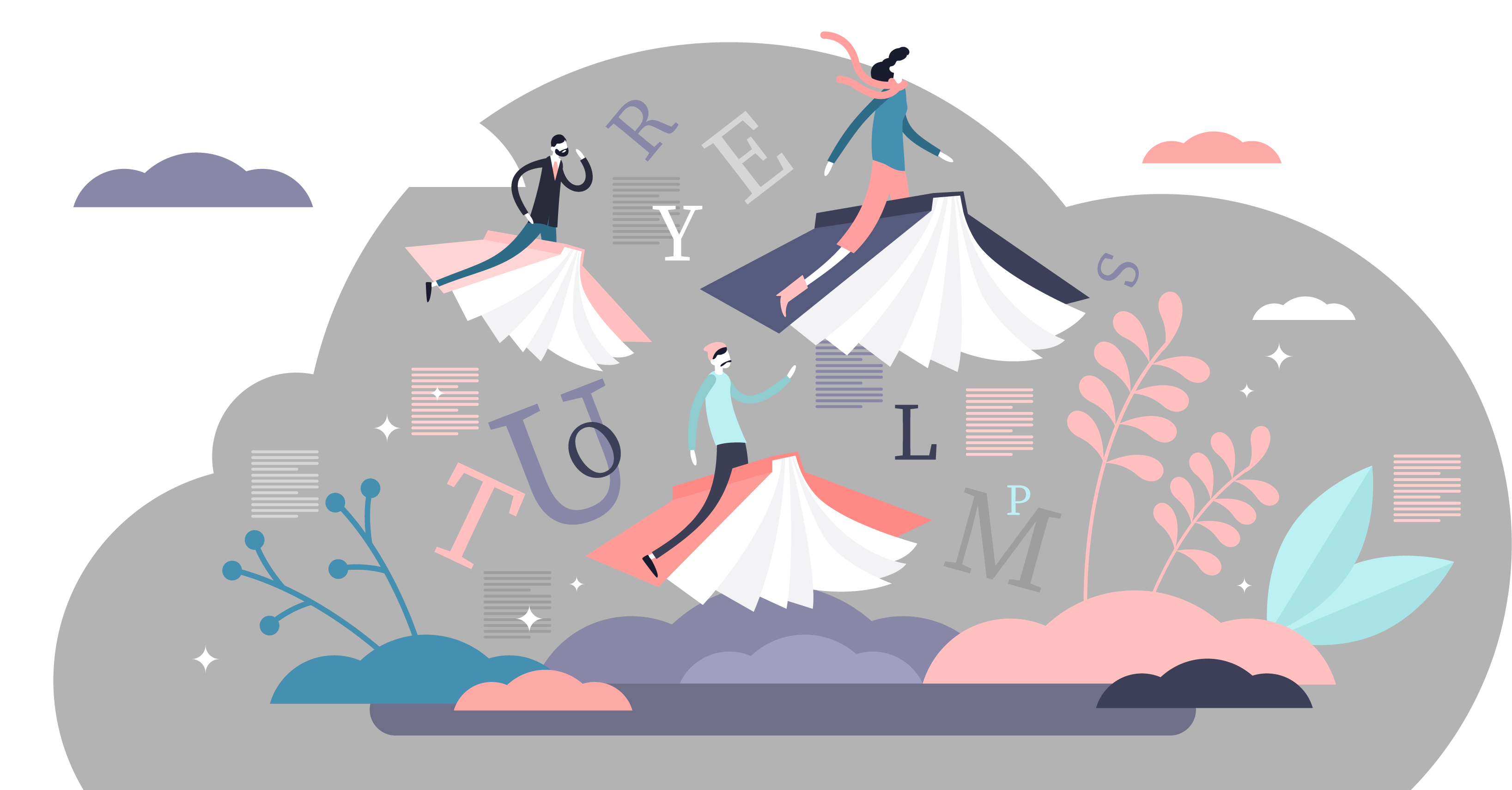 People sitting on flying books.