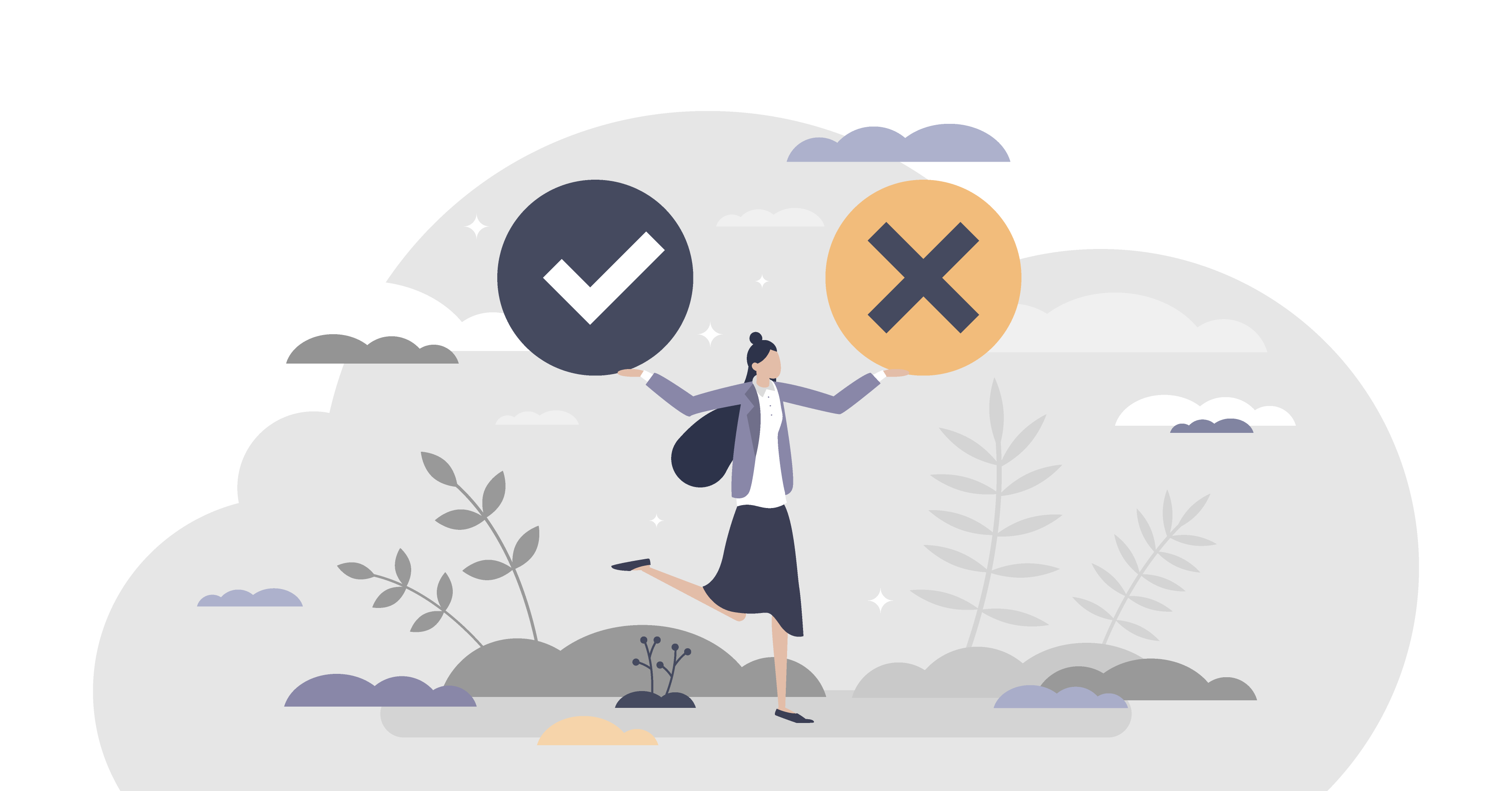 Woman holding a tick and a cross.