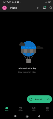 Mobile phone screenshot of the empty Outlook email inbox with a balloon and 'All done for the day' displayed
