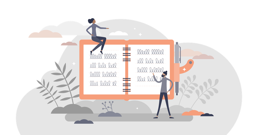 Two people looking at a notebook containing loopy scribbles.