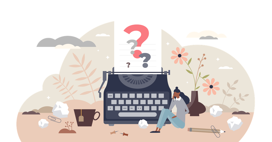 Girl sitting next to a typewriter wondering what to talk about.