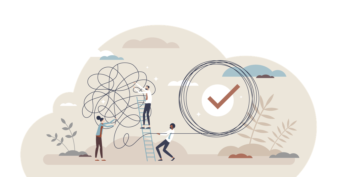 People untangling a web which is forming a clock