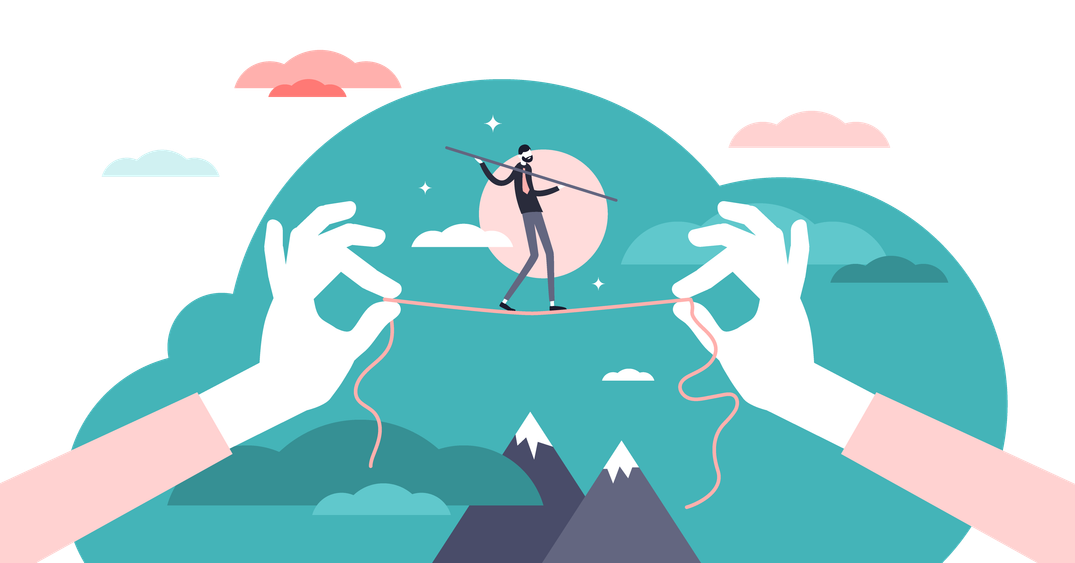 Man balancing on a tight rope held between two hands.