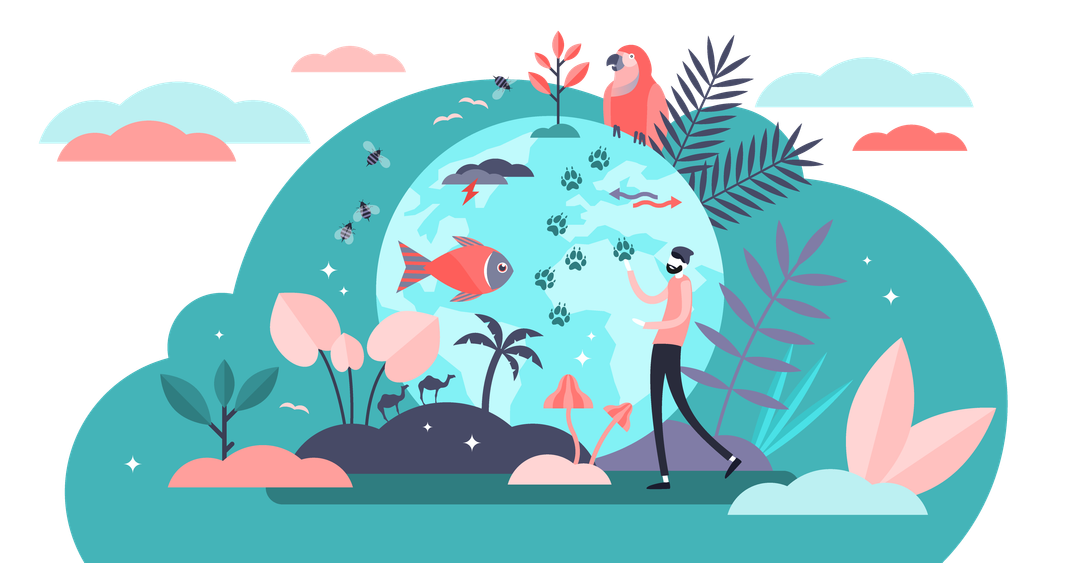 Globe with a variety of wildlife and plants with a person looking into it.