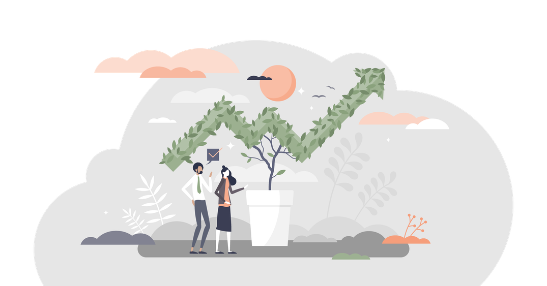 Plant trimmed into the shape of a trend with two people looking on.