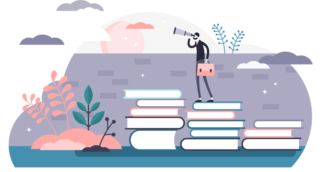 Man standing on books and holding a telescope, looking out for new books..