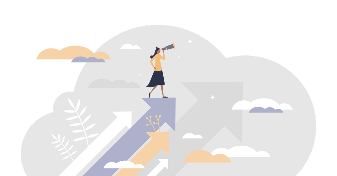 Girl holding a telescope up to her eye looking to the horizon. She is standing on arrows with clouds in the background.
