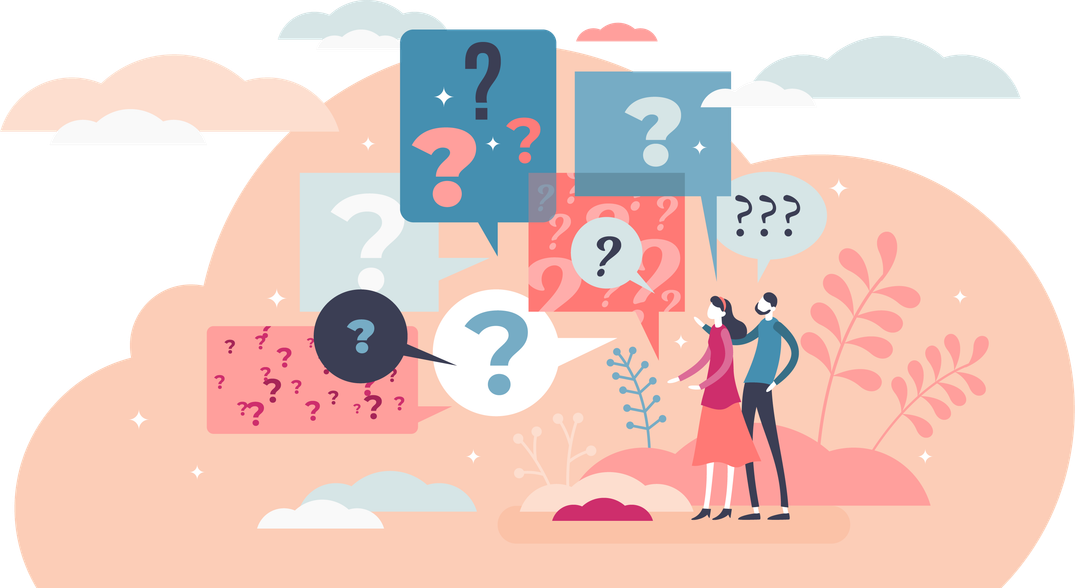 Two people looking at lots of question marks and wondering why 