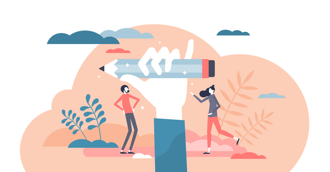 A hand holding a pencil and two people in the background