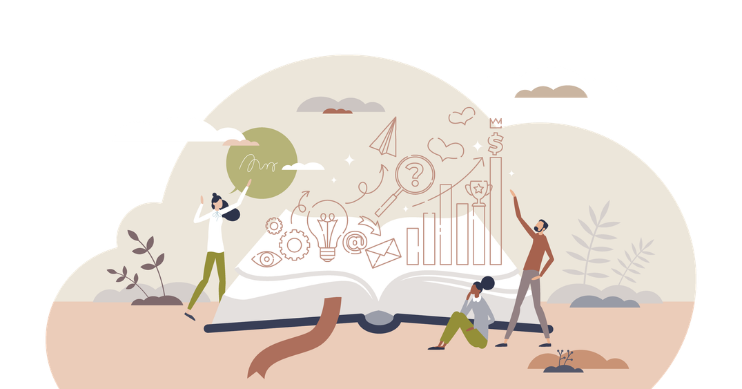 People looking at a book with figures and images arising from it.