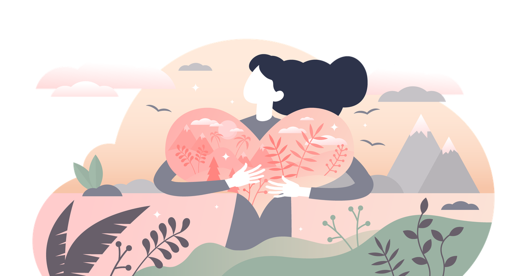 Girl hugging a heart filled with the natural world.