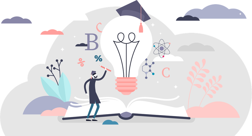 Man wearing a graduation gown shaking a pencil at a light bulb with a graduation cap.