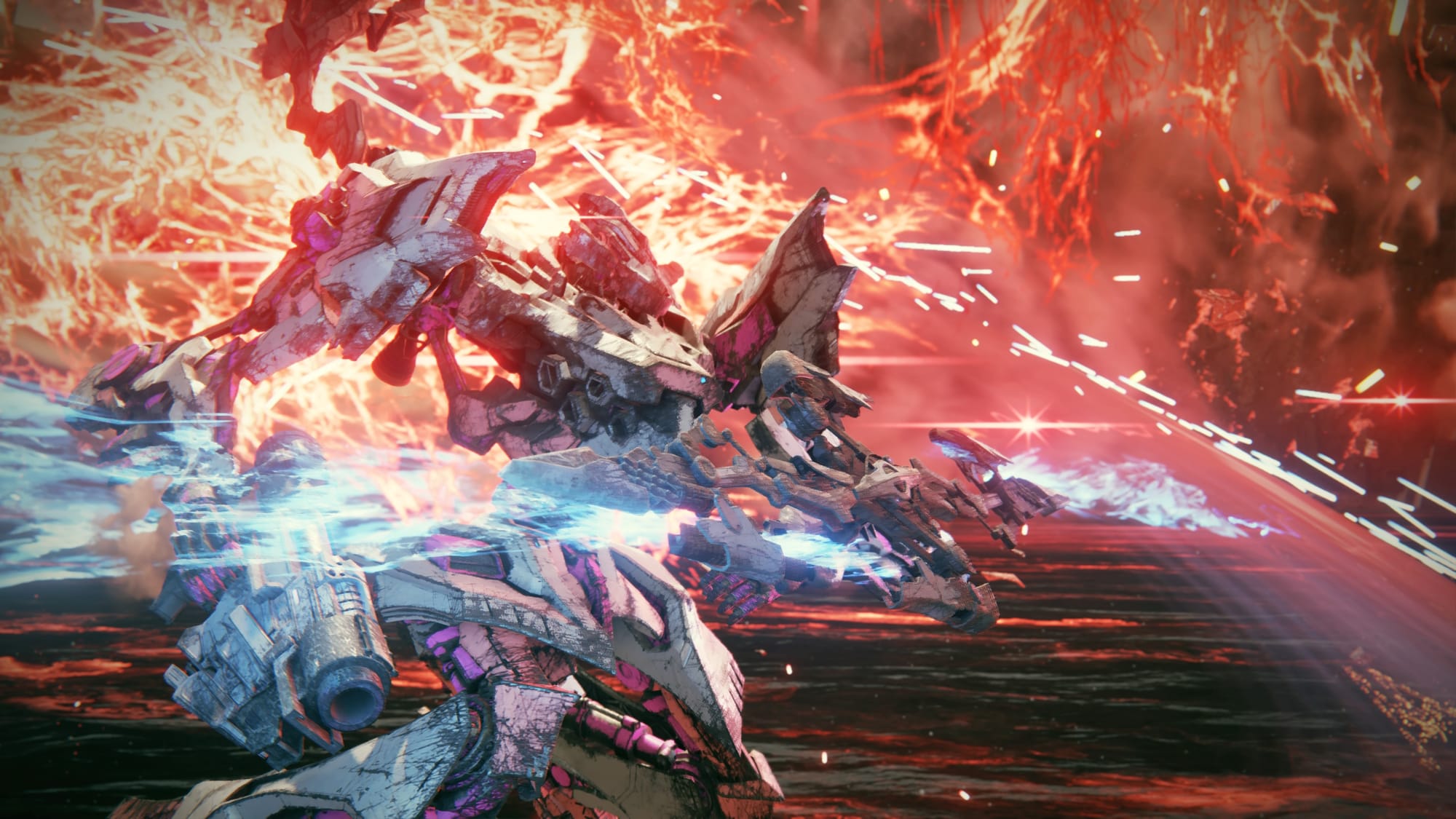 An armored core in the middle of a fight.