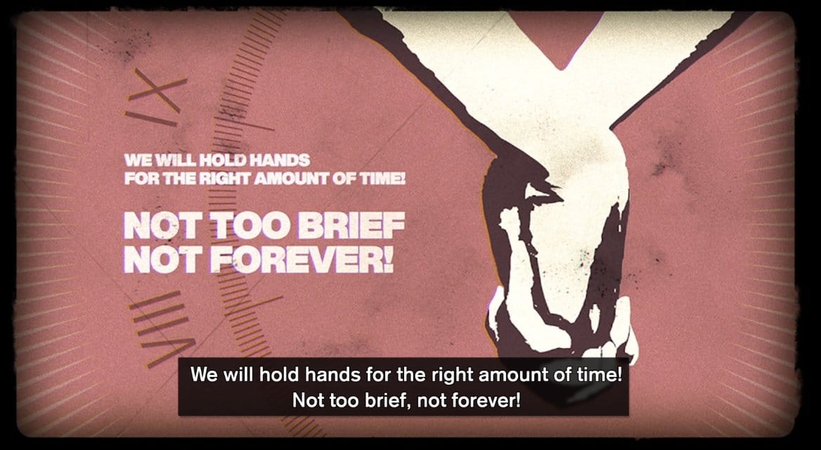 A screenshot from Season with text that says "we will hold hands for the right amount of time! Not too brief not forever!"