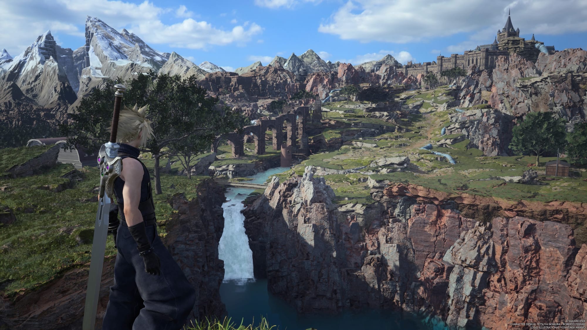Cloud surveys a rocky river valley with a walled town along the distant skyline.