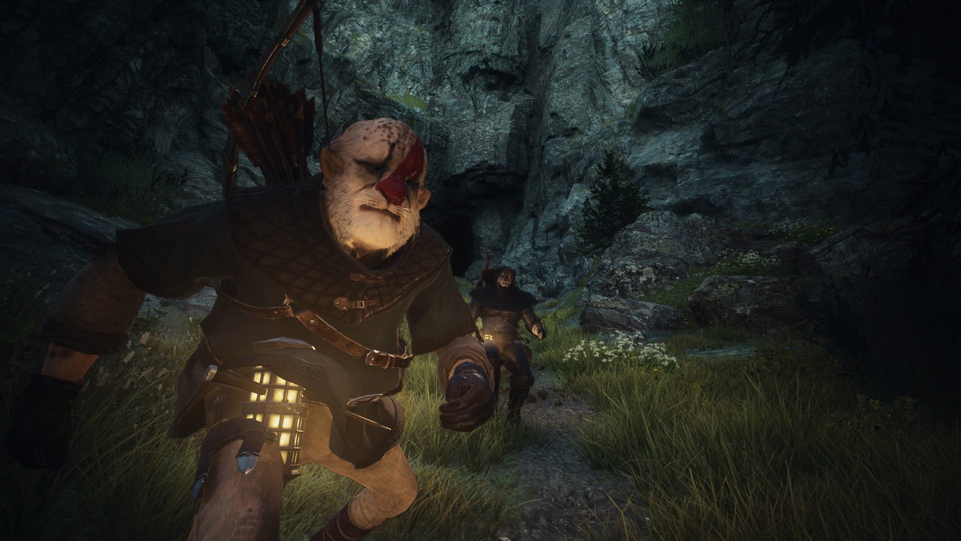 A feline looking archer explores a rocky crag with a lantern clipped to their belt.