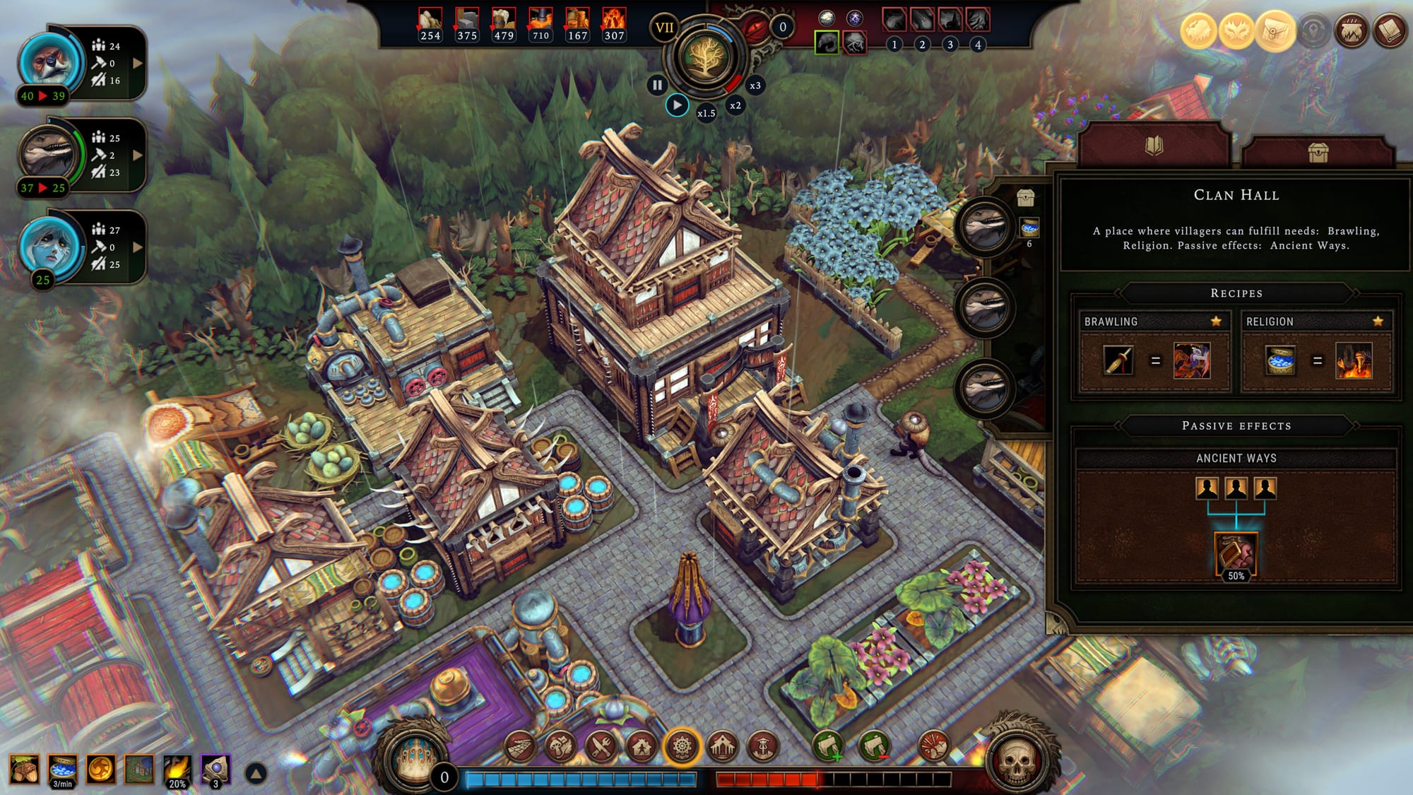 A cheerful looking cartoon village square with light rain coming down.