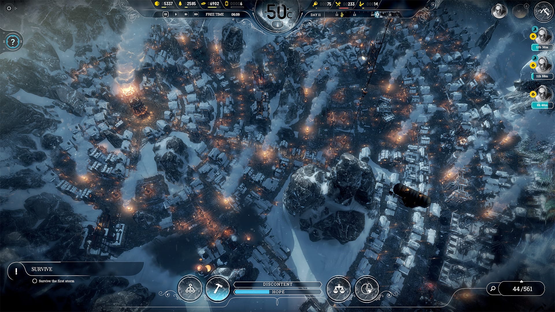 A snow covered city radiating from a blazing central generator.