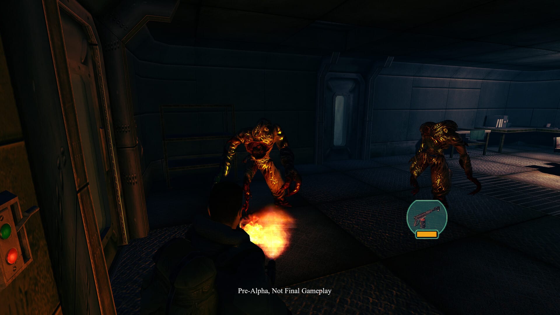 A pair of monsters shamble through a darkened room lit by a flamethrower.