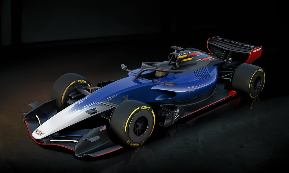 A rendering of a Cadillac-liveried F1 car in blue and black.