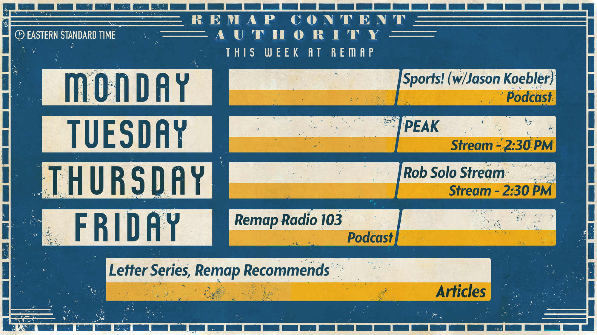 The upcoming week at Remap Radio.
