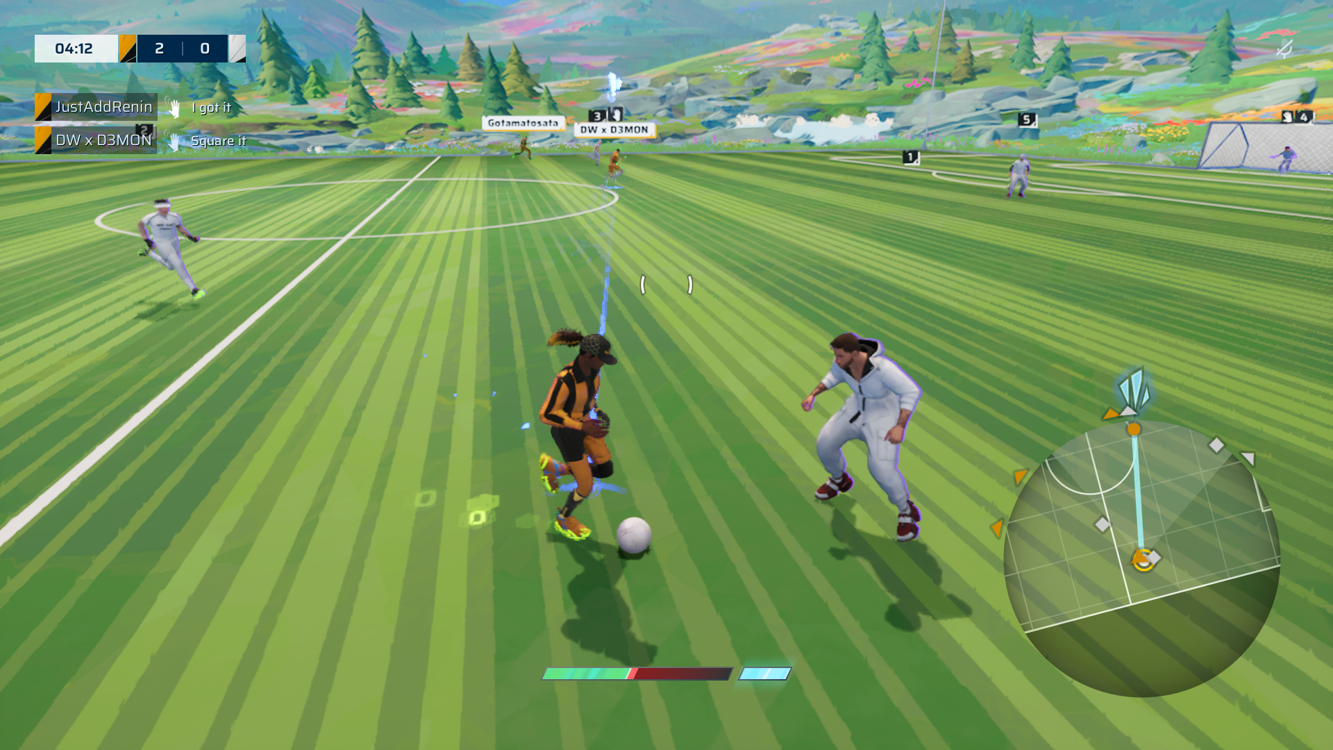 A yellow-and-black uniformed offensive player dribbles up to a stationary defender