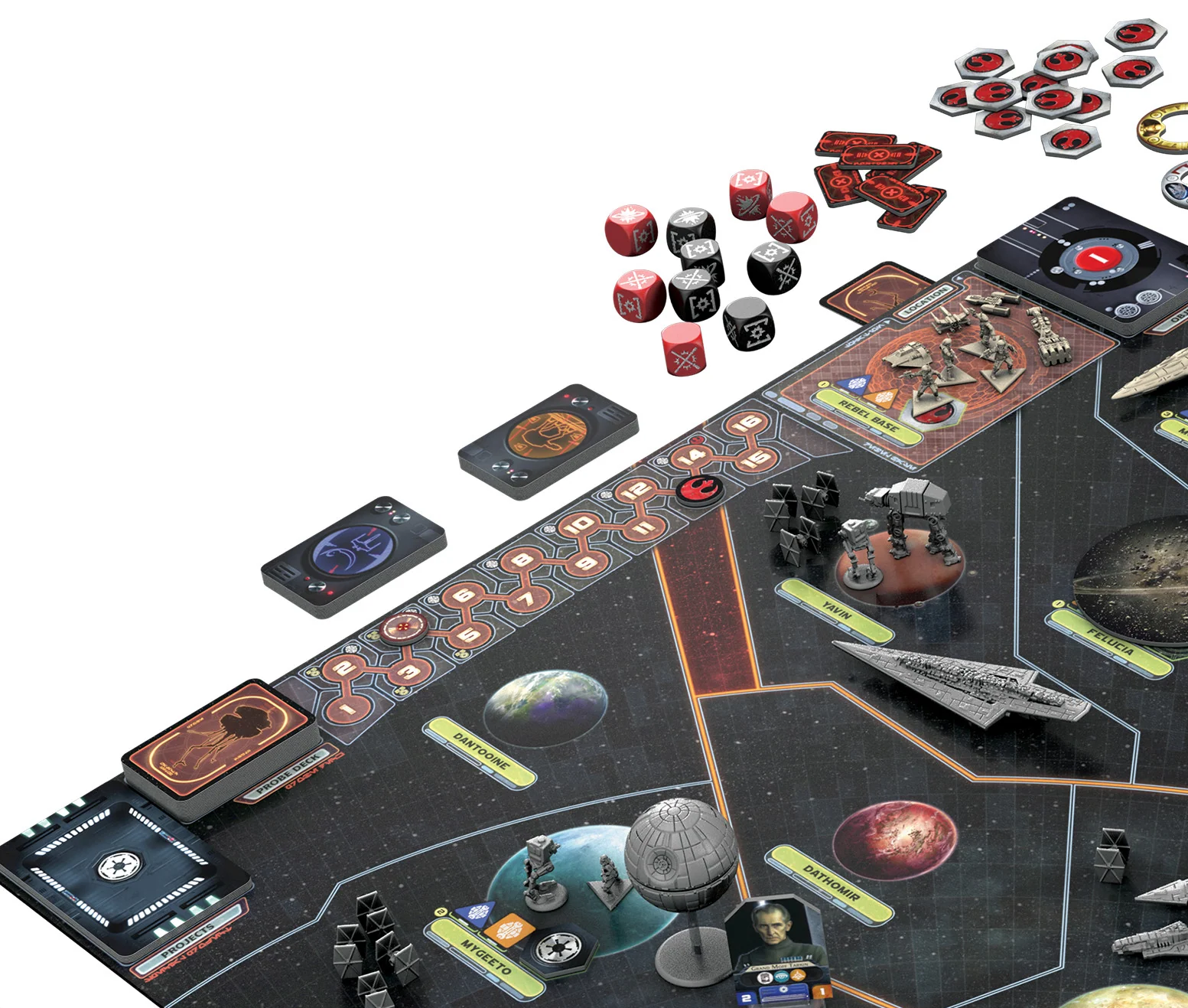 Photo of the corner of the Star Wars Rebellion board, showing a few planets with miniature plastic spaceships, the round track, and various card decks.