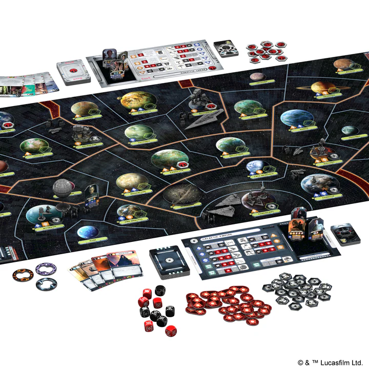 Photo of the board game Star Wars: Rebellion mid game. Various plastic miniatures are spread across a map of the Star Wars galaxy. 