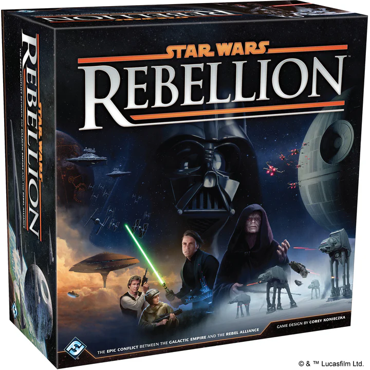 Photo of the box for the board game Star Wars Rebellion. A montaged image of Darth Vader, Luke Skywalker, Emperor Palpatine, and Han Solo are flanked by space ships and scenes from across the Star Wars movies.