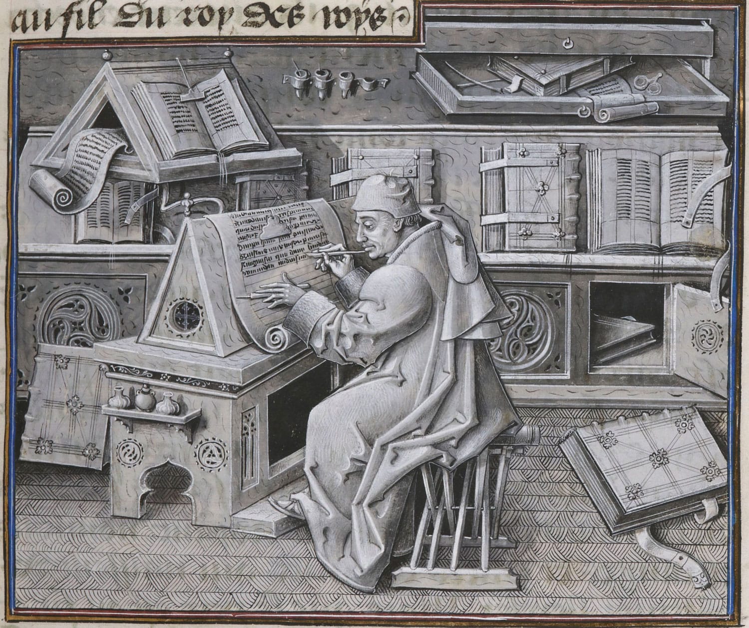 A drawingof a scribe working in his library, surrounded by books and folios as he carefully inscribes a manuscript.