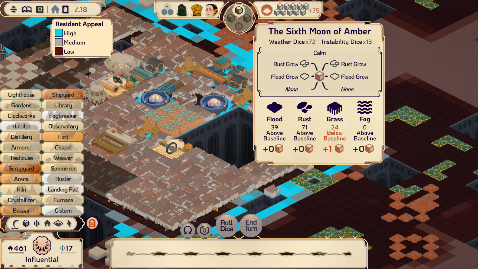 A screenshot showing a tile-based city layout, with a dense building selection interface on the left-hand side and a dice probability table on the right.