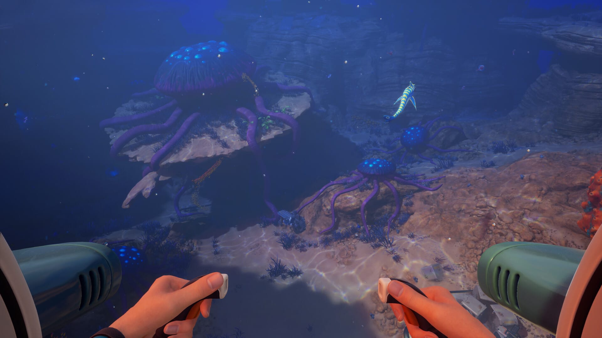 Bioluminescent sci-fi critters hanging out on rocks near at the bottom of the ocean.