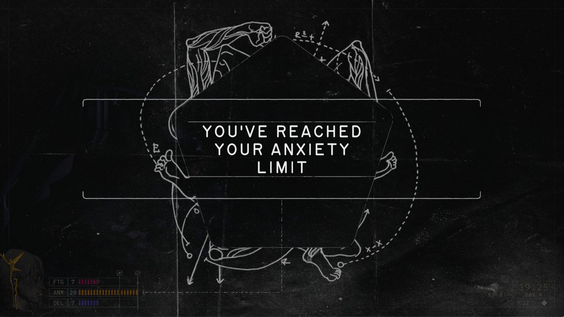 A screenshot depicting a huge notification in chalkboard black and white: you've reached your anxiety limit
