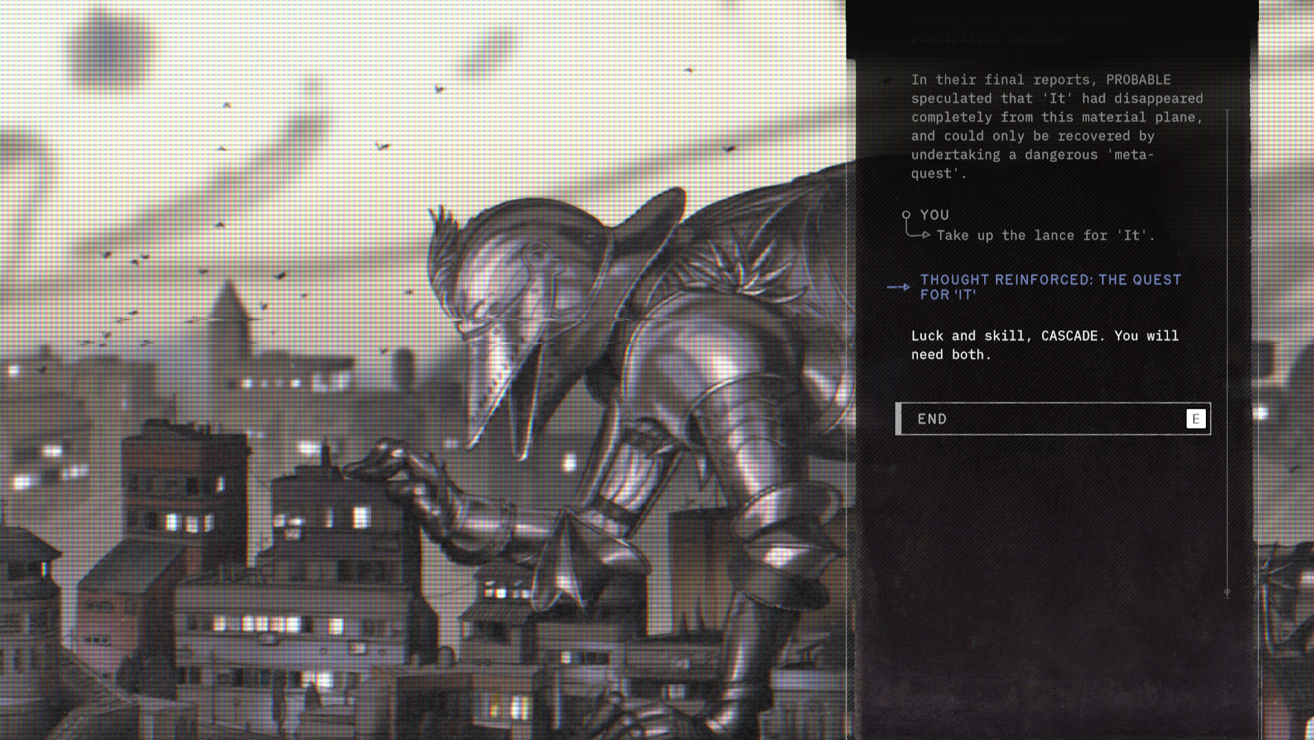 An interlaced rendering of the city skyline with an enormous figure in archaic gothic armor looming over it, bending to examine the top of an apartment building.